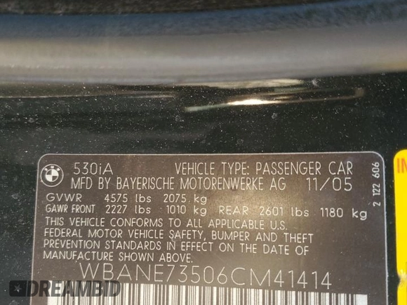 2006 BMW 5 Series 530i with VIN WBANE73506CM41414, listed as a Copart auction lot 75316884 with 177,977 mi miles and Salvage Title. Bid and sale history available at carsss.com. Image 12.