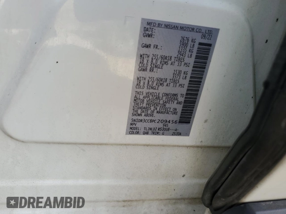 2023 Nissan Pathfinder SL with VIN 5N1DR3CC8PC209456, listed as a Copart auction lot 49333085 with Not provided miles and Non repairable. Bid and sale history available at DreamBid. Image 14.