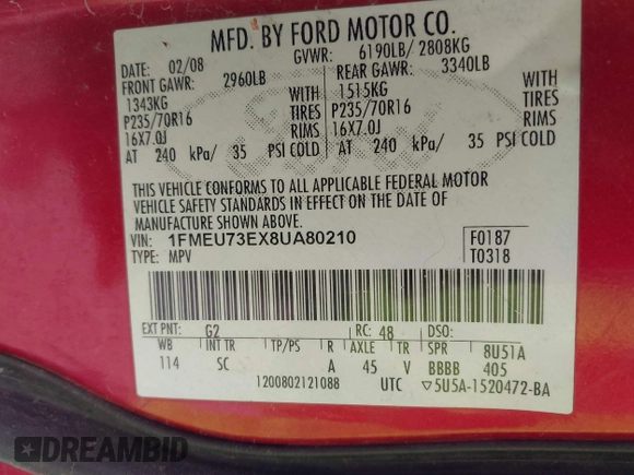 2008 Ford Explorer XLT с VIN 1FMEU73EX8UA80210, выставлен на аукционе IAAI как лот 42433012 с пробегом 258 052 миль миль и . История ставок и продаж доступна на DreamBid. Изображение 9.