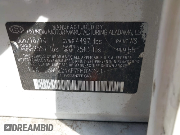 2015 Hyundai Sonata SE z VIN 5NPE24AF7FH020641, wystawiony jako IAAI lot #42368461 z przebiegiem 88 218 mil mil oraz . Historia ofert i sprzedaży dostępna na DreamBid. Obrazek 9.