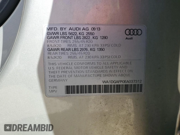 2014 Audi Q5 Premium Plus with VIN WA1DGAFP0EA037312, listed as a Copart auction lot 61694505 with 124,252 mi miles and Salvage title. Bid and sale history available at DreamBid. Image 13.