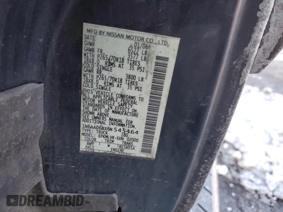 2006 Nissan Titan XE with VIN 1N6AA06BX6N545464, listed as a Copart auction lot 88788435 with Not Provided miles and Salvage Title. Bid and sale history available at carsss.com. Image 14.