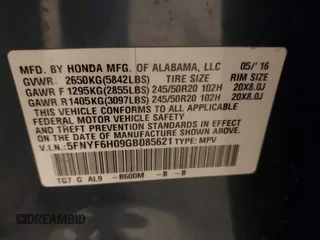 2016 Honda Pilot Elite with VIN 5FNYF6H09GB085621, listed as a IAAI auction lot 41788911 with 137,199 mi miles. Bid and sale history available at carsss.com. Image 9.