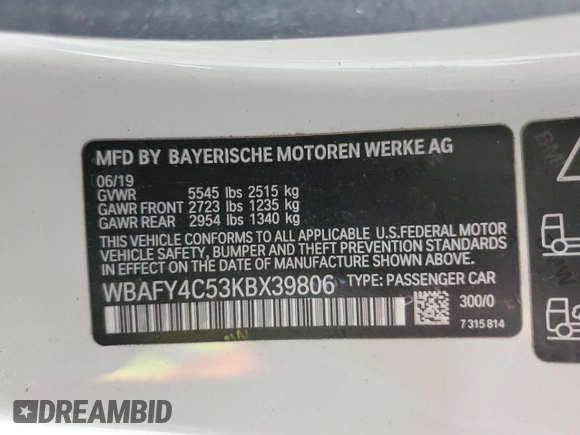 2019 BMW 8 Series M850i xDrive with VIN WBAFY4C53KBX39806, listed as a Copart auction lot 52858694 with 0 mi miles. Bid and sale history available at carsss.com. Image 15.