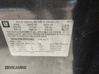 2013 Chevrolet Equinox LT with VIN 2GNALPEK9D6283453, listed as a IAAI auction lot 42133256 with 87,476 mi miles and . Bid and sale history available at DreamBid. Image 9.