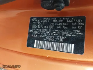 2015 Hyundai Veloster RE:FLEX with VIN KMHTC6AD8FU238345, listed as a IAAI auction lot 41549377 with 117,240 mi miles. Bid and sale history available at carsss.com. Image 9.