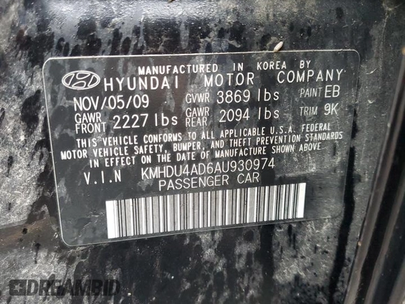 2010 Hyundai Elantra GLS with VIN KMHDU4AD6AU930974, listed as a Copart auction lot 73050024 with 76,430 mi miles and Salvage title. Bid and sale history available at DreamBid. Image 13.