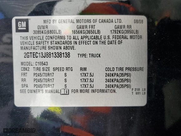 2008 GMC Sierra 1500 SLT with VIN 2GTEC13J881338138, listed as a Copart auction lot 43266235 with 111,603 mi miles and Salvage Title. Bid and sale history available at carsss.com. Image 13.