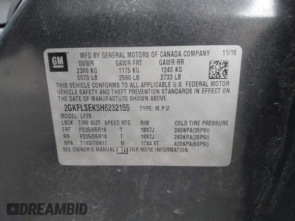 2017 GMC Terrain SLE with VIN 2GKFLSEK5H6232155, listed as a IAAI auction lot 42181687 with 202,263 mi miles and . Bid and sale history available at DreamBid. Image 9.