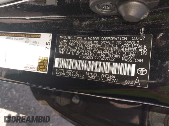 2007 Toyota Prius with VIN JTDKB20U777623022, listed as a IAAI auction lot 42117454 with 194,663 mi miles. Bid and sale history available at carsss.com. Image 9.