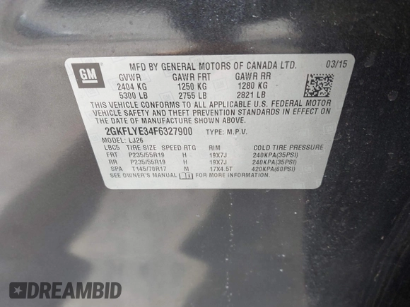 2015 GMC Terrain SLT with VIN 2GKFLYE34F6327900, listed as a IAAI auction lot 41592305 with 44,277 mi miles. Bid and sale history available at carsss.com. Image 9.