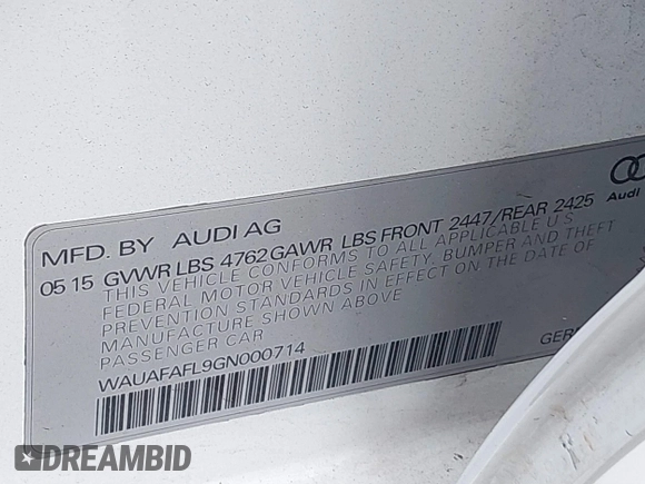 2016 Audi A4 Premium with VIN WAUAFAFL9GN000714, listed as a IAAI auction lot 41460938 with 119,897 mi miles. Bid and sale history available at carsss.com. Image 9.
