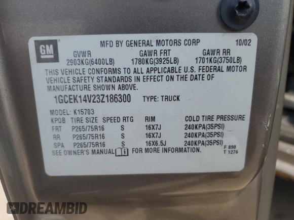 2003 Chevrolet Silverado 1500 LS with VIN 1GCEK14V23Z186300, listed as a Copart auction lot 65551504 with 271,566 mi miles and Salvage Title. Bid and sale history available at DreamBid. Image 15.