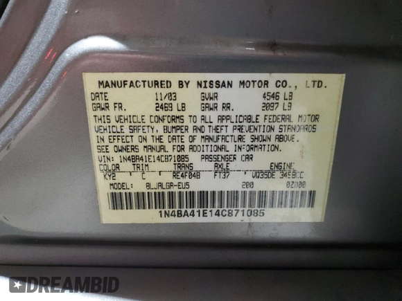 2004 Nissan Maxima SL with VIN 1N4BA41E14C871085, listed as a Copart auction lot 81097454 with 174,734 mi miles and Salvage Title. Bid and sale history available at carsss.com. Image 12.
