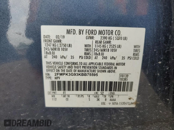 2019 Ford Edge SE with VIN 2FMPK3G93KBB75595, listed as a Copart auction lot 54278415 with 57,663 mi miles and Salvage title. Bid and sale history available at DreamBid. Image 13.