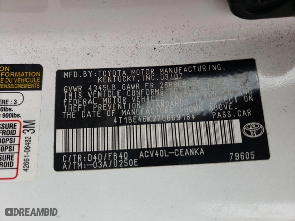 2007 Toyota Camry CE with VIN 4T1BE46K27U669184, listed as a Copart auction lot 49612204 with 71,524 mi miles and Salvage Title. Bid and sale history available at carsss.com. Image 13.