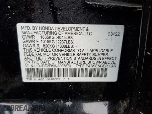2022 Acura ILX Premium with VIN 19UDE2F80NA007870, listed as a Copart auction lot 51510945 with 79,529 mi miles and Salvage title. Bid and sale history available at DreamBid. Image 15.