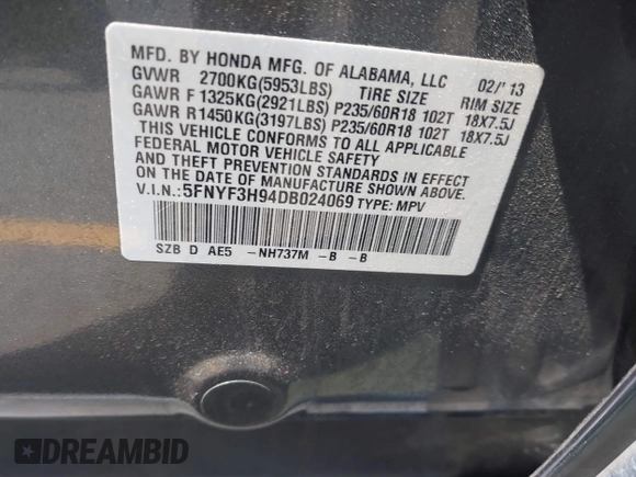 2013 Honda Pilot Touring with VIN 5FNYF3H94DB024069, listed as a IAAI auction lot 42638568 with 190,326 mi miles and . Bid and sale history available at DreamBid. Image 9.