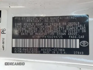2013 Toyota Camry L with VIN 4T1BF1FK1DU244725, listed as a Copart auction lot 50188705 with 280,942 mi miles and Salvage Title. Bid and sale history available at carsss.com. Image 12.