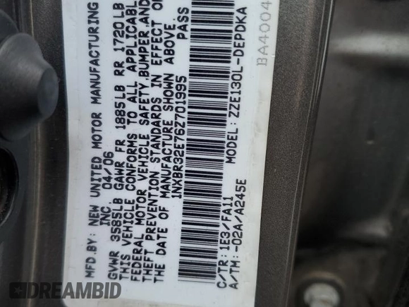 2006 Toyota Corolla CE z VIN 1NXBR32E76Z701995, wystawiony jako Copart lot #57660565 z przebiegiem 121 437 mil mil oraz Szkoda całkowita • Salvage title. Historia ofert i sprzedaży dostępna na DreamBid. Obrazek 12.