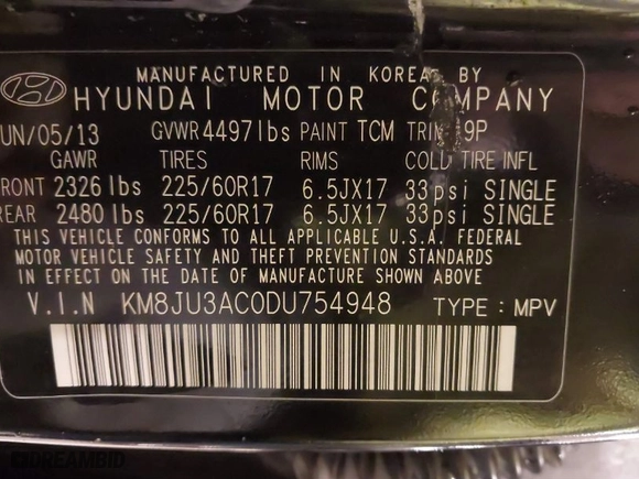 2013 Hyundai Tucson GLS with VIN KM8JU3AC0DU754948, listed as a IAAI auction lot 41811891 with 139,056 mi miles. Bid and sale history available at carsss.com. Image 9.