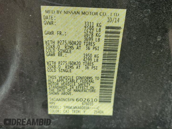 2015 Nissan Armada Platinum z VIN 5N1AA0NC6FN602610, wystawiony jako Copart lot #69121314 z przebiegiem 117 166 mil mil oraz Szkoda całkowita • Salvage title. Historia ofert i sprzedaży dostępna na DreamBid. Obrazek 16.