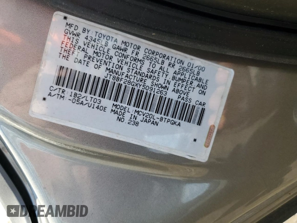 2000 Lexus ES 300 with VIN JT8BF28GXY5091263, listed as a Copart auction lot 61767595 with 250,041 mi miles and Salvage title. Bid and sale history available at DreamBid. Image 14.
