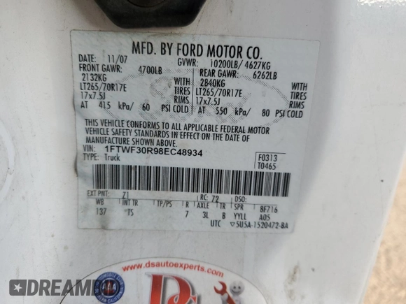 2008 Ford F-350 with VIN 1FTWF30R98EC48934, listed as a Copart auction lot 86751664 with Not provided miles and Salvage title. Bid and sale history available at DreamBid. Image 12.