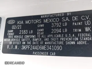 2021 Kia Forte LXS z VIN 3KPF24AD6ME341090, wystawiony jako IAAI lot #41934508 z przebiegiem 37 503 mil mil oraz . Historia ofert i sprzedaży dostępna na DreamBid. Obrazek 9.