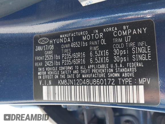 2008 Hyundai Tucson SE with VIN KM8JN12D48U860172, listed as a IAAI auction lot 42152650 with 220,573 mi miles. Bid and sale history available at carsss.com. Image 9.