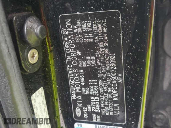 2012 Kia Sportage SX with VIN KNDPCCA60C7280931, listed as a Copart auction lot 60897545 with 136,903 mi miles and Salvage title. Bid and sale history available at DreamBid. Image 13.