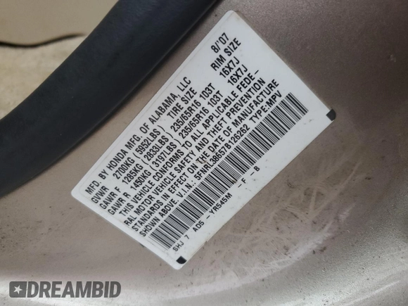 2007 Honda Odyssey EX-L with VIN 5FNRL38657B126262, listed as a Copart auction lot 80701484 with 101,020 mi miles and Non Repairable. Bid and sale history available at DreamBid. Image 13.