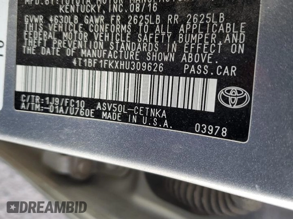 2017 Toyota Camry XLE with VIN 4T1BF1FKXHU309626, listed as a Copart auction lot 53421635 with 48,219 mi miles and Salvage Title. Bid and sale history available at carsss.com. Image 12.