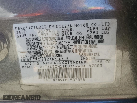 2021 Nissan Versa S with VIN 3N1CN8DVXML907398, listed as a Copart auction lot 57648135 with 131,777 mi miles and Salvage title. Bid and sale history available at DreamBid. Image 13.