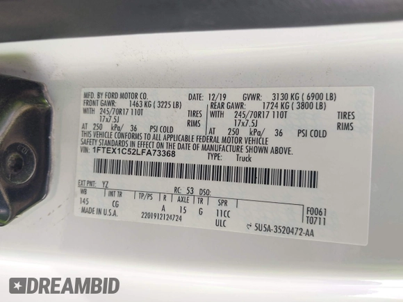 2020 Ford F-150 XL z VIN 1FTEX1C52LFA73368, wystawiony jako IAAI lot #41674867 z przebiegiem 170 542 mil mil oraz . Historia ofert i sprzedaży dostępna na DreamBid. Obrazek 9.