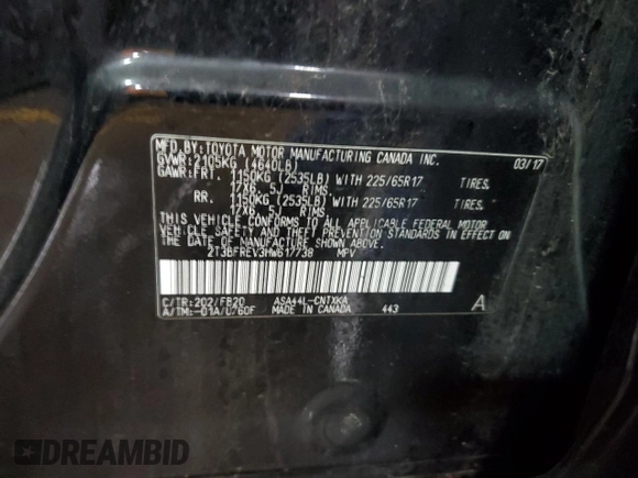 2017 Toyota RAV4 LE with VIN 2T3BFREV3HW617738, listed as a Copart auction lot 58712515 with 117,310 mi miles and Salvage title. Bid and sale history available at DreamBid. Image 13.