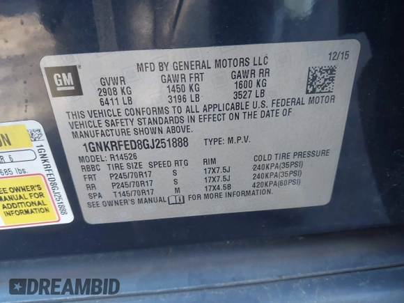 2016 Chevrolet Traverse LS with VIN 1GNKRFED8GJ251888, listed as a IAAI auction lot 41591602 with Not Provided miles. Bid and sale history available at carsss.com. Image 9.