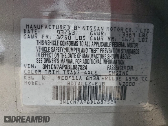 2013 Nissan Versa SV with VIN 3N1CN7AP8DL887524, listed as a Copart auction lot 61594045 with 92,094 mi miles and Salvage title. Bid and sale history available at DreamBid. Image 12.