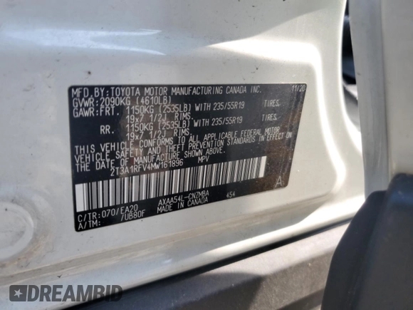 2021 Toyota RAV4 XLE Premium with VIN 2T3A1RFV4MW161896, listed as a Copart auction lot 59130275 with 18,133 mi miles and Salvage title. Bid and sale history available at DreamBid. Image 12.