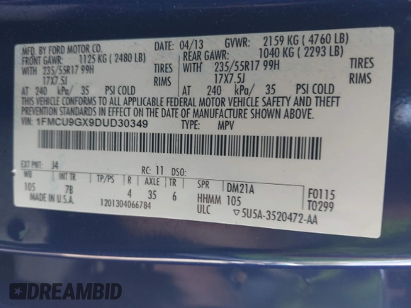 2013 Ford Escape SE with VIN 1FMCU9GX9DUD30349, listed as a IAAI auction lot 42572201 with 148,765 mi miles and . Bid and sale history available at DreamBid. Image 9.