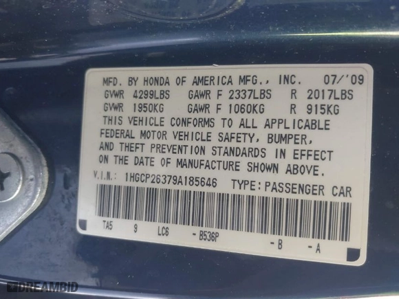2009 Honda Accord Sdn LX with VIN 1HGCP26379A185646, listed as a IAAI auction lot 41831093 with 180,848 mi miles. Bid and sale history available at carsss.com. Image 9.