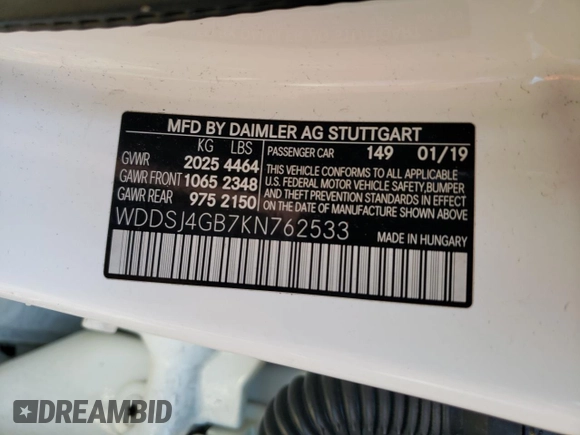 2019 Mercedes-Benz CLA 250 with VIN WDDSJ4GB7KN762533, listed as a Copart auction lot 76845463 with 56,265 mi miles and . Bid and sale history available at DreamBid. Image 12.
