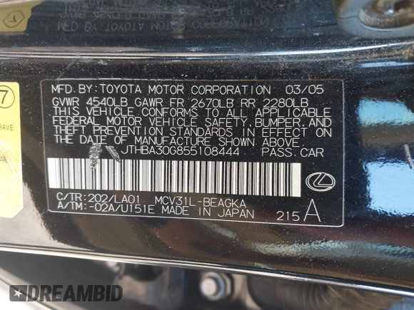 2005 Lexus ES 350 z VIN JTHBA30G855108444, wystawiony jako IAAI lot #42010430 z przebiegiem 275 733 mil mil oraz . Historia ofert i sprzedaży dostępna na DreamBid. Obrazek 9.