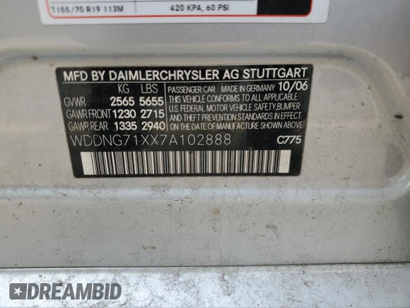 2007 Mercedes-Benz S 550 with VIN WDDNG71XX7A102888, listed as a Copart auction lot 54901285 with 214,792 mi miles and Salvage Title. Bid and sale history available at DreamBid. Image 12.
