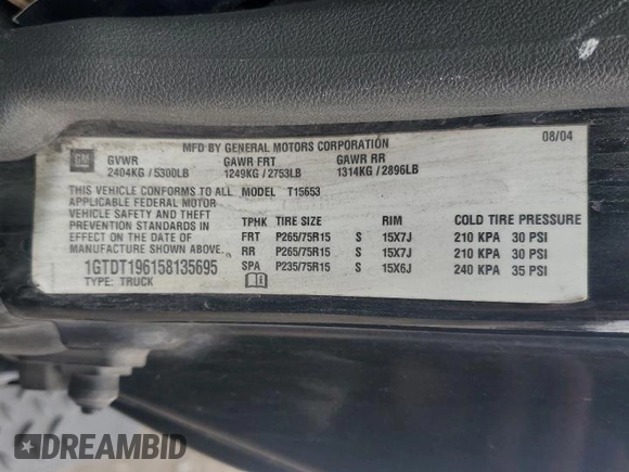 2005 GMC Canyon SLE Z85 with VIN 1GTDT196158135695, listed as a Copart auction lot 52523165 with 0 mi miles and Clean Title. Bid and sale history available at carsss.com. Image 12.