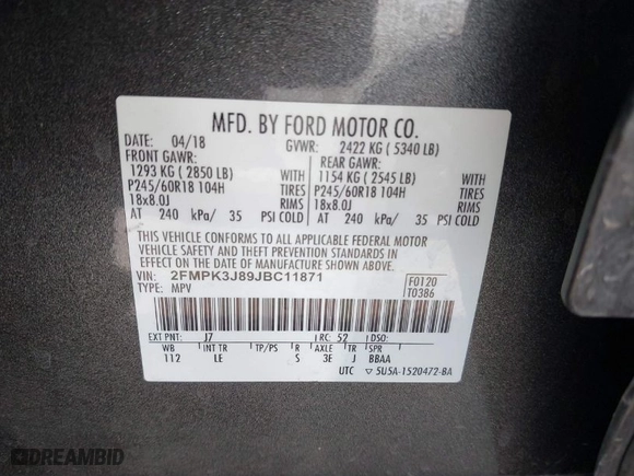 2018 Ford Edge SEL with VIN 2FMPK3J89JBC11871, listed as a IAAI auction lot 41778093 with 142,956 mi miles. Bid and sale history available at carsss.com. Image 9.