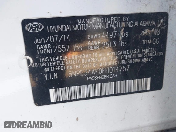 2015 Hyundai Sonata Limited with VIN 5NPE34AF0FH014757, listed as a IAAI auction lot 41394710 with 102,481 mi miles and . Bid and sale history available at carsss.com. Image 9.