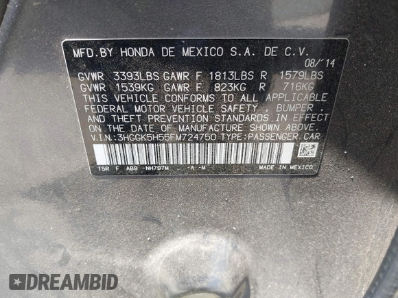 2015 Honda Fit LX with VIN 3HGGK5H55FM724750, listed as a IAAI auction lot 42282137 with 32,696 mi miles and . Bid and sale history available at DreamBid. Image 9.