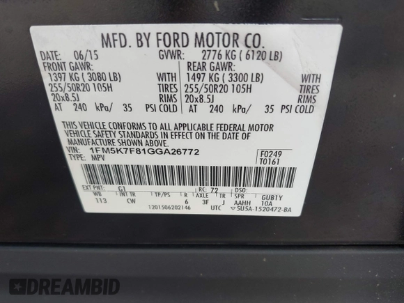 2016 Ford Explorer Limited with VIN 1FM5K7F81GGA26772, listed as a IAAI auction lot 41995158 with 110,528 mi miles and . Bid and sale history available at DreamBid. Image 9.