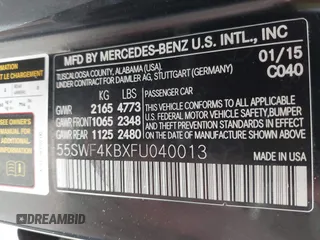 2015 Mercedes-Benz C with VIN 55SWF4KBXFU040013, listed as a IAAI auction lot 42136894 with 123,460 mi miles. Bid and sale history available at carsss.com. Image 9.